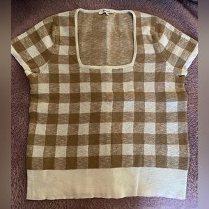 Madewell short sleeve sweater tan/off white plaid large